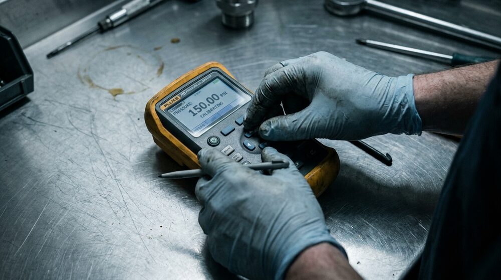 Engineer calibrating a digital pressure instrument
