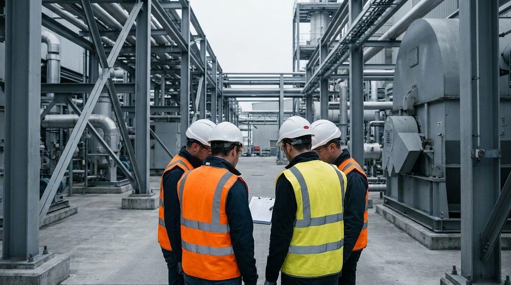 Engineers reviewing an on-site inspection
