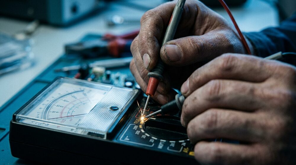 Technician calibrating an electrical multimeter